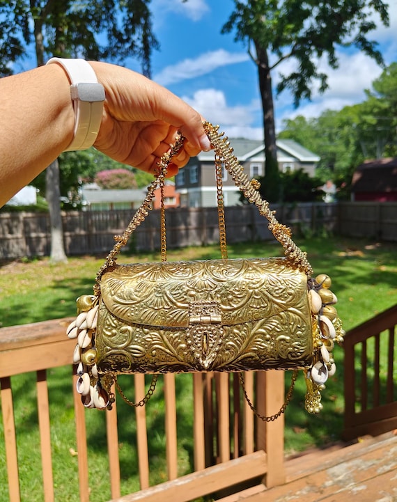 Gold Brass Clutch, Brass Metal Purse, Boho Banjara Metal Bag, Indian Metal Purse, Crossbody Gold Clutch, Festive Handbags, Antique Style Bag