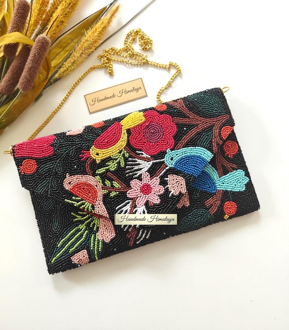Bird Floral Beaded Clutch, Colorful Handmade Evening Bag, Unique Statement Purse
