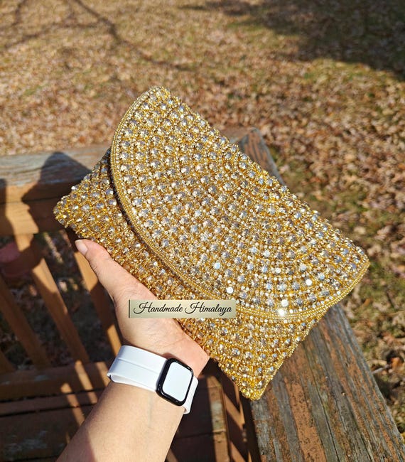 Handmade Gold Beaded Evening Clutch: Bridal Purse with Detachable Strap