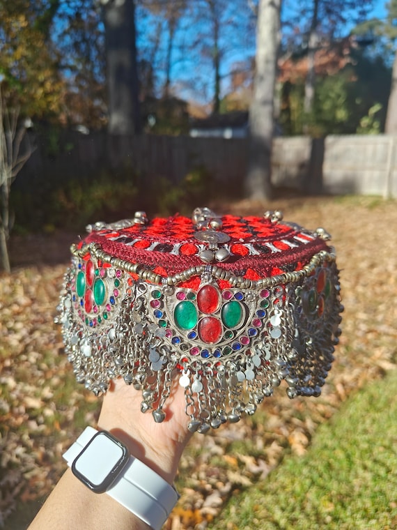 Embroidered Afghan Mathapati Cap: Halima Sultan Style Jewel Red Embellished Hat