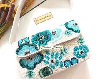 Bolsa de noiva floral turquesa com miçangas, bolsa de ombro para noiva para a noite.