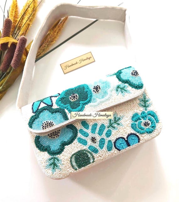 Teal Turquoise Floral Bridal Beaded Bag, Bridal Evening Shoulder Purse