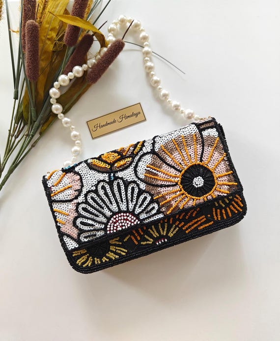 Floral Beaded Clutch with Pearl Handle, Black Gold Flower Evening Bag, Handmade Wedding Guest Purse, Bridal Floral Clutch, Gift for Her