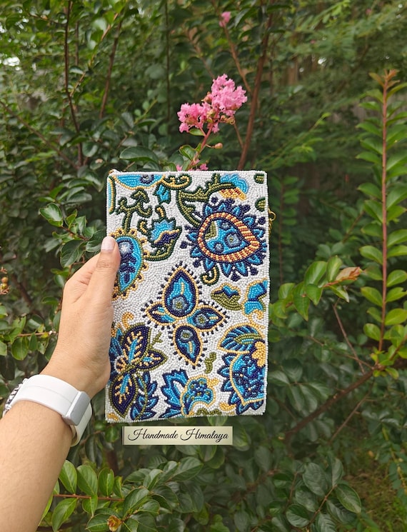 Floral Beaded Clutch, Beaded Phone Bag, Cell Phone Purse, Crossbody Bag, Mobile Pouch, Embroidered Bag, Blue Paisley Bag, Gift for Her