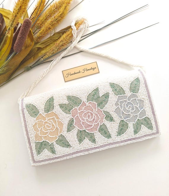 White Floral Beaded Bag | Pink and Gold Rose Bridal Wedding Handbag | Ivory Evening Purse