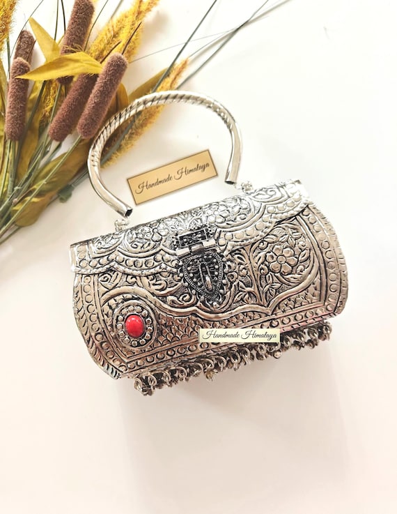 Vintage Silver Bridal Clutch with Red Stone | Ornate Metal Indian Evening Bag