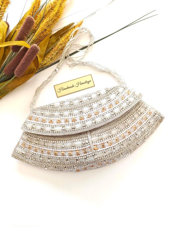 Silver Beaded Bridal Clutch | Shimmering Wedding Evening Bag |Formal Gala Crystal Party Purse