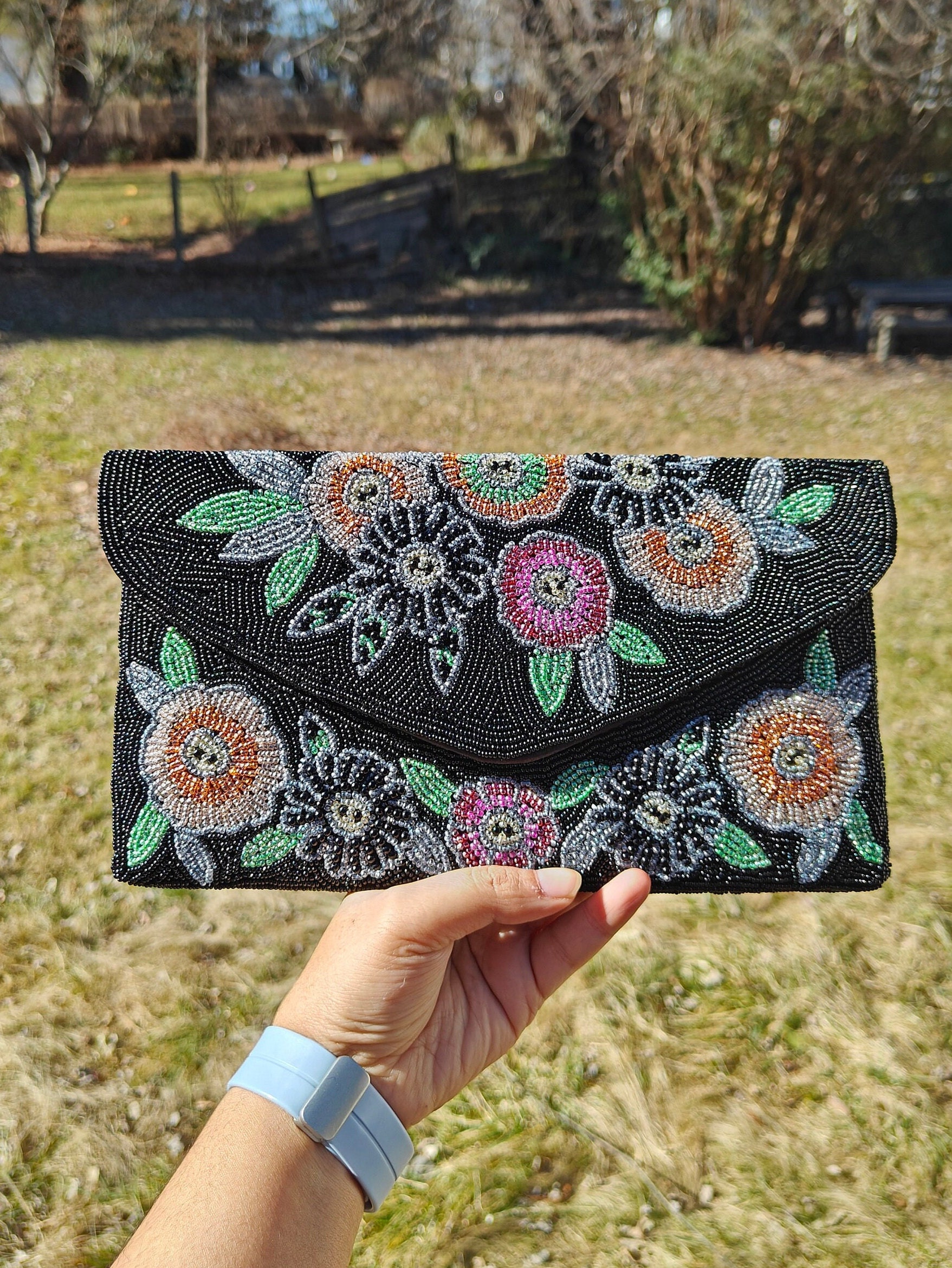 Floral Beaded Black Clutch Beaded Purse Bag Seed Beaded Handbag Gift for Her Statement Purse Colorful Flower Purse Party Clutch Bag