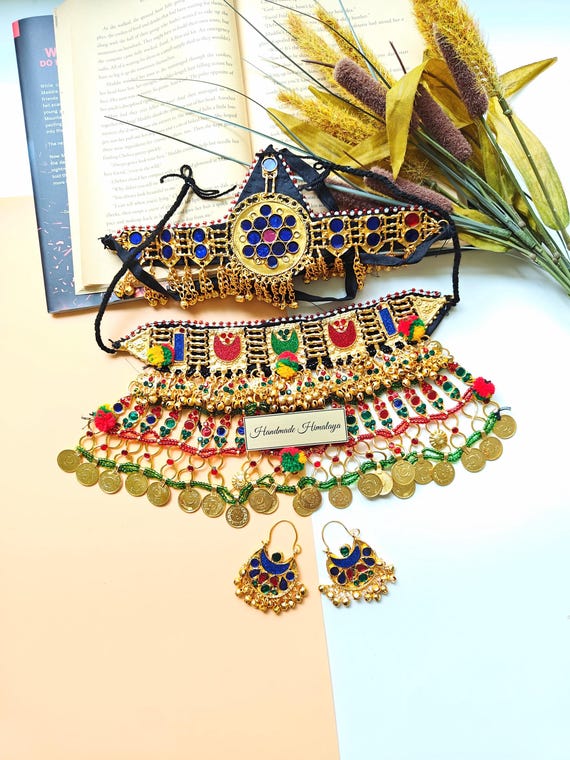 Vintage Afghan Gold Jewelry Set, Kuchi Coin Choker Necklace, Ethnic Wedding Headpiece and Earrings