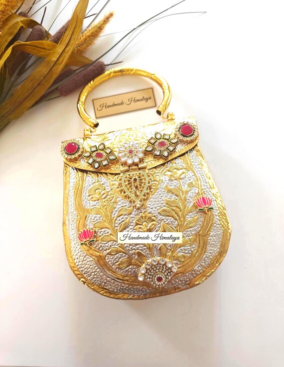 Dual Tone Brass Purse | Embellished Kundan Indian Wedding Metal Clutch