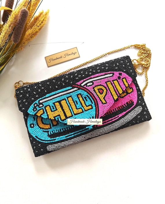 Beaded Clutch Purse | Chill Pill Funny Statement Evening Purse
