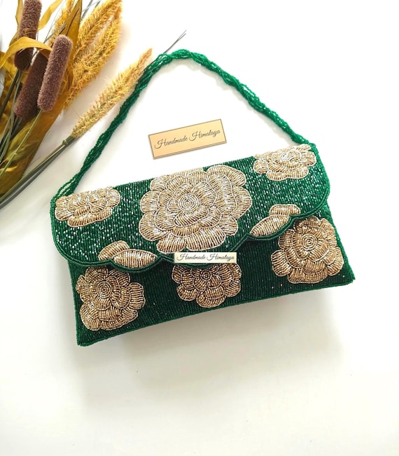 Emerald Green Beaded Clutch | Gold Floral Bridal Wedding Purse