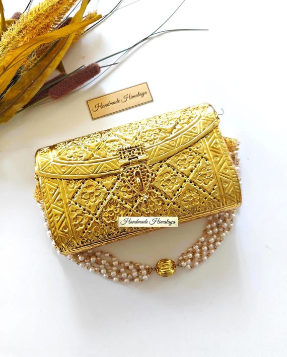 Vintage Gold Bridal Clutch | Brass Metal Wedding Purse
