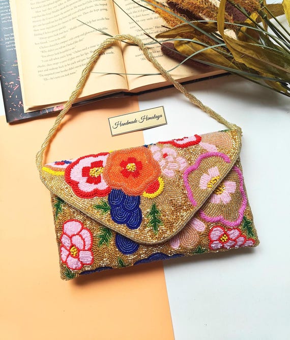 Gold Clutch, Floral Beaded Purse, Crossbody Bag, Party Evening Clutch, Flower Purse, Statement Clutch, Summer Bag, Gift for Her, Prom Purse