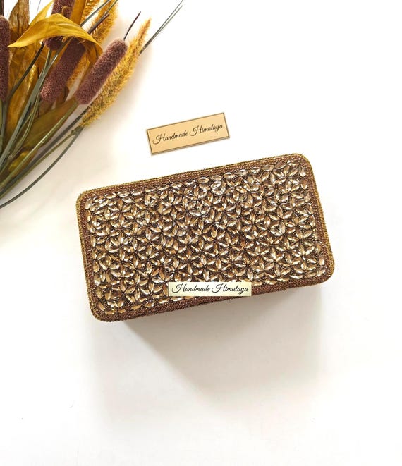 Antique Gold Crystal Clutch | Bronze Bridal Wedding Box Purse