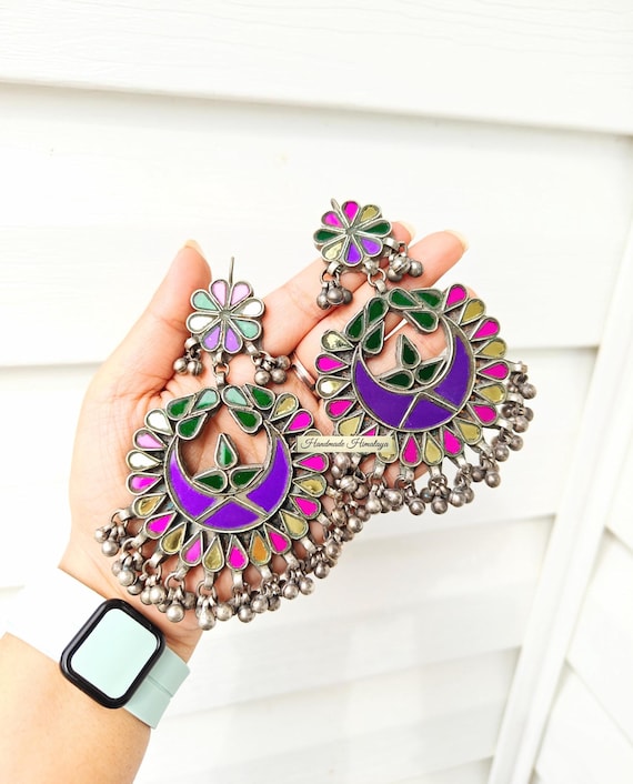 Afghan Kuchi Statement Earrings, Tribal Enamel Dangle Earrings, Vintage Ethnic Jewelry, Boho Festival Indian Mirror Glass Earrings