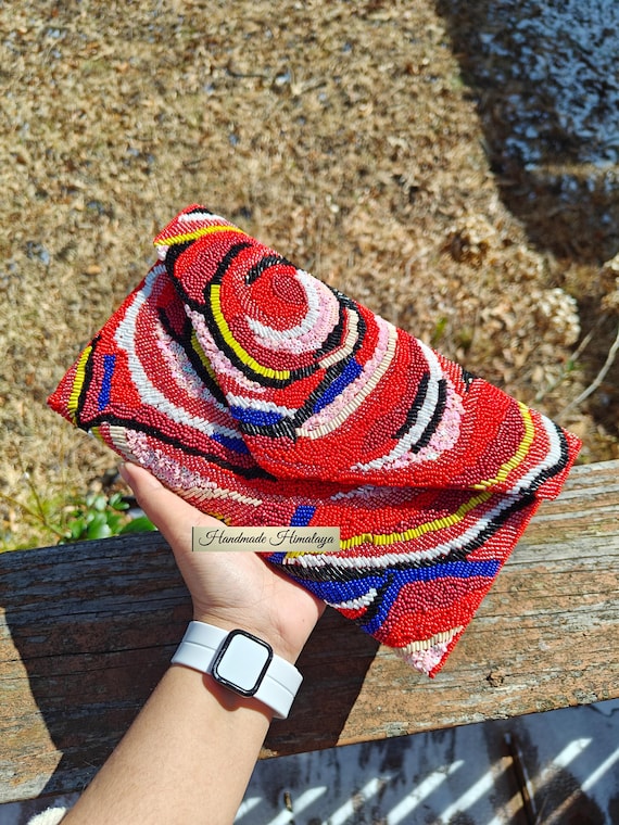 Red Rose Beaded Clutch Party Evening Bag Summer Handbags Floral Flower Purse