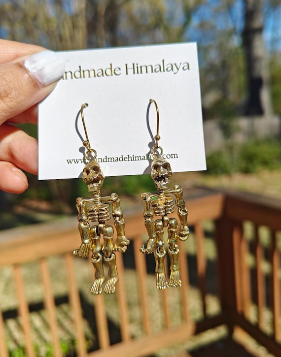 Gold Brass Skeleton Earrings | Moving Human Bone Dangles | Gothic Halloween Costume Jewelry