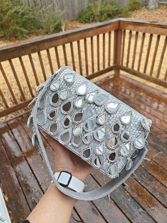 Handmade Silver Mirror Clutch Bag,Shisha Embellished Shoulder Bag, Boho Embroidery Clutch, Teardrop Sequin Evening Purse for Weddings