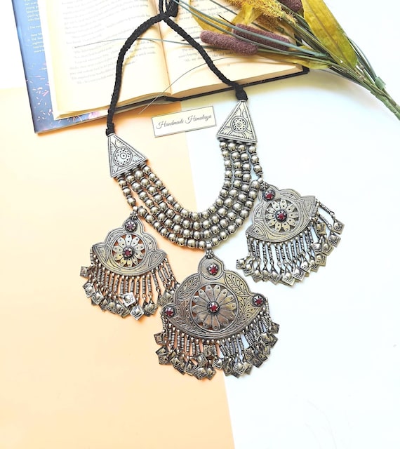 Vintage Kashmiri Necklace: Ethnic Tribal Jewelry with Large Pendants and Beaded Chains