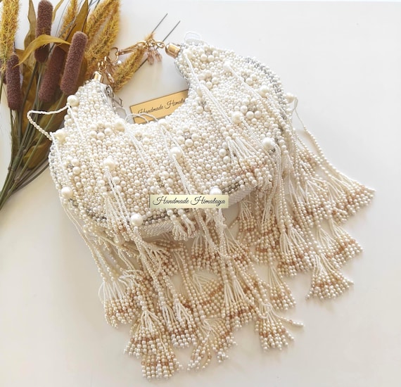 Black Pearl Beaded Handbag | Ivory Crescent Fringe Beaded Purse | Crystal Wedding Guest Clutch