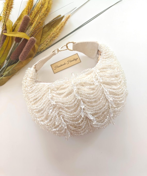 White Pearl Beaded Clutch | Bridal Crystal Crescent Handbag | Wedding Cocktail Party Evening Purse