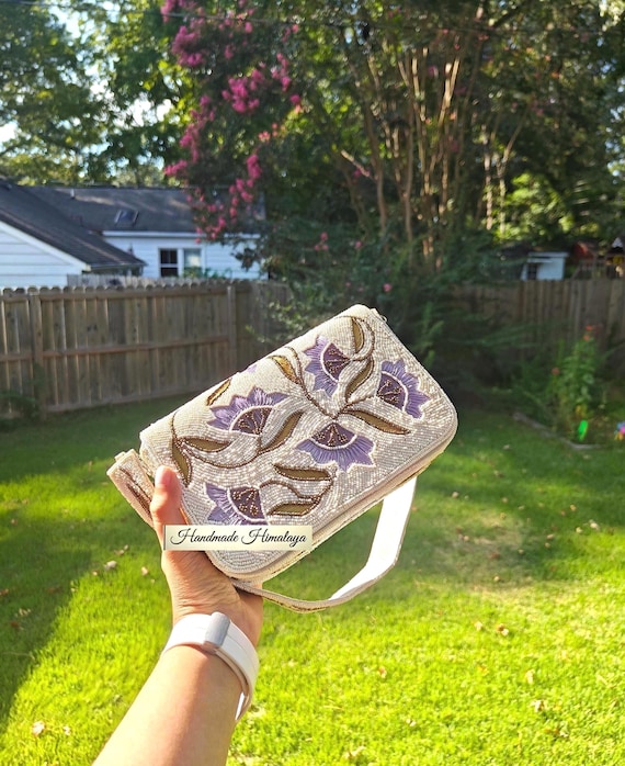 Floral Beaded Bag | Ivory Purple Bridal Wedding Purse