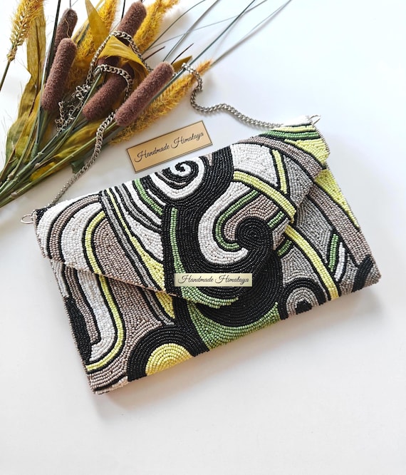 Black White Green Beaded Clutch | Abstract Pattern Envelope Evening Clutch Bag