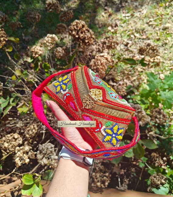 Beaded Brass Bag, Gold Metal Clutch, Indian Wedding Purse