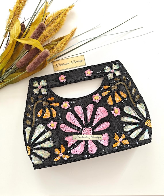 Black Sequin Floral Clutch | Hand Beaded Gala Evening Bag | Pink Orange Wedding Guest Purse