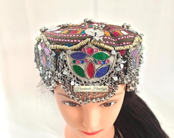 Vintage Afghan Kuchi Cap, Tribal Belly Dancer Afghan Hat Mirror Embellished Headpiece