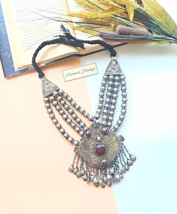 Vintage Afghan Kashmiri Pendant Necklace, Tribal Silver Bead Necklace, Central Asian Ethnic Jewelry, Nomadic Statement Necklace