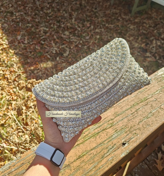 Silver Clutch Purse with Embellished Diamond Pattern and Crossbody Strap Wedding Clutch