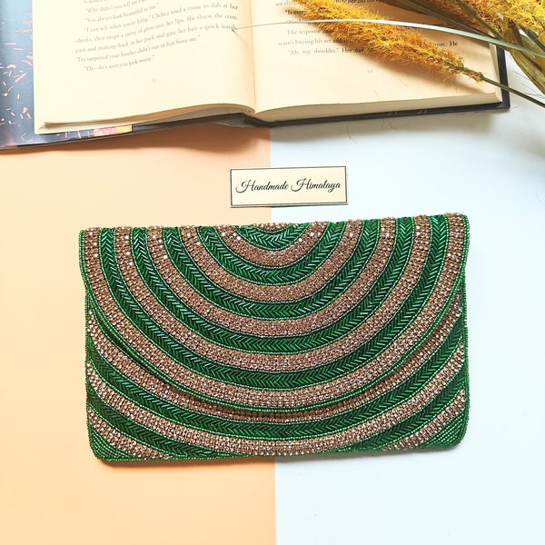 Green Beaded Clutch, Crystal Evening Bag, Golden Green Stripes Purse, Gift for Her, Seed Beaded Purse, Crossbody Shoulder Purse