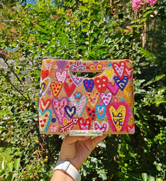 Colorful Beaded Bag - RoseGold Beige Crossbody Handbag, Seed Beaded Purse, Floral Gift for Her, Trendy Basket Bag, Stylish Clutch