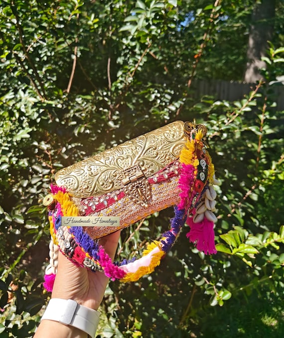 Gold Brass Metal Clutch, Engraved Purse with Tribal Embroidered Strap and Shell Tassels Crossbody Kuchi Banjara Indian Bag
