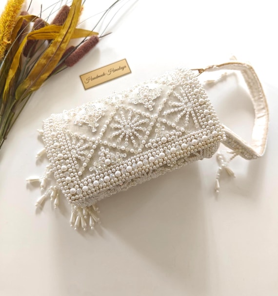 White Pearl Beaded Clutch | Bridal Wedding Evening Purse