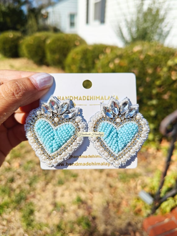 Romantic Blue Heart Earrings, Bridal Crystal Pearl Studs, Sacred Wedding Jewelry, Something Blue