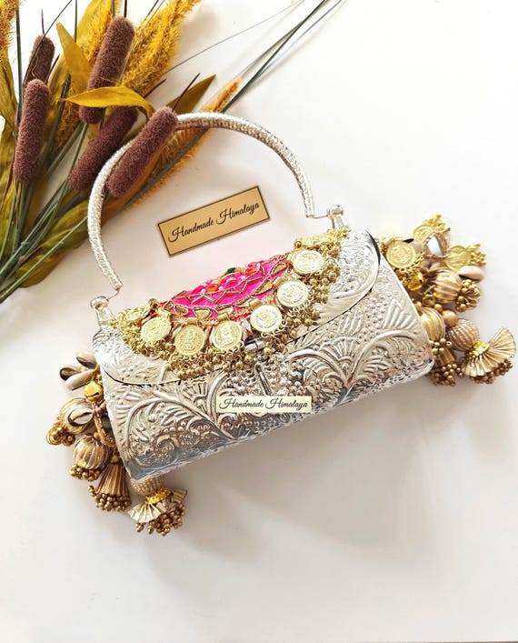 Vintage Silver Floral Metal Clutch Bag: Pink Embroidery Indian Banjara Wedding Crossbody with Charms