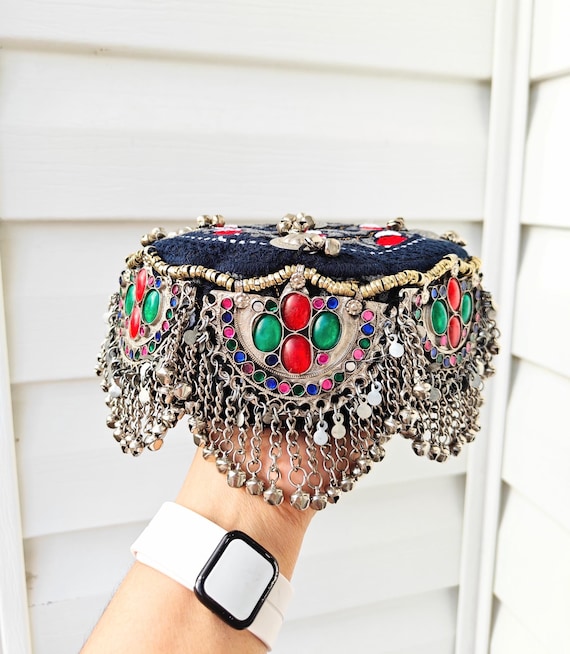 Embroidered Afghan Mathapati Cap: Halima Sultan Style Jewel Embellished Blue Hat