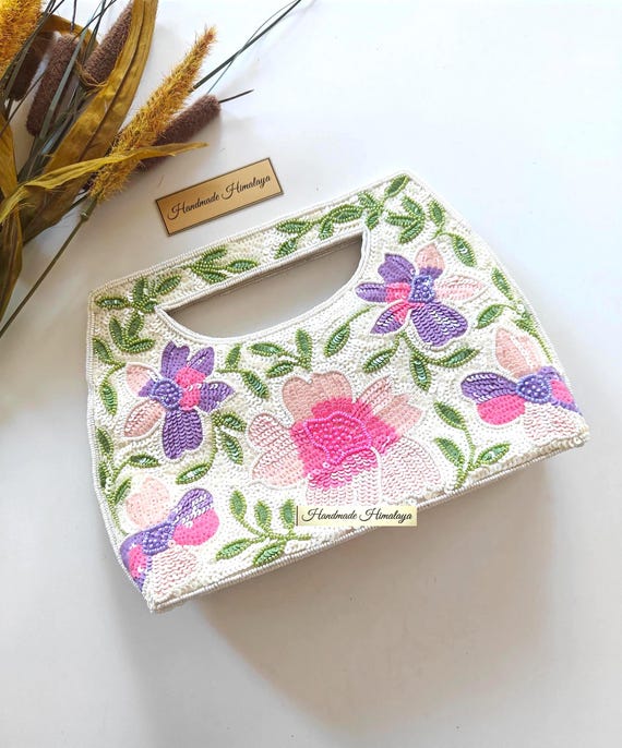 Ivory Floral Beaded Clutch | Pink Lavender Sequin Embroidered Purse, 10x7 Inch Handcrafted Evening Bag