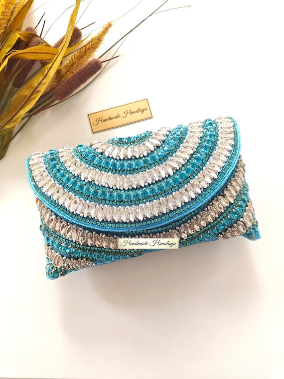Blue Silver Beaded Clutch Bag,  Crystal Evening Wedding Purse with Chain