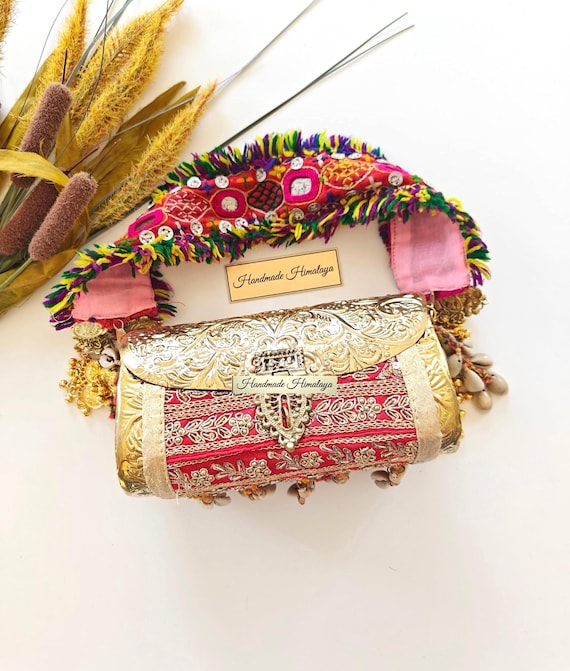 Vintage Banjara Gold Brass Clutch | Floral Kuchi Metal Bag with Cowrie Shells | Red Zardozi Embroidery Bohemian Indian Purse