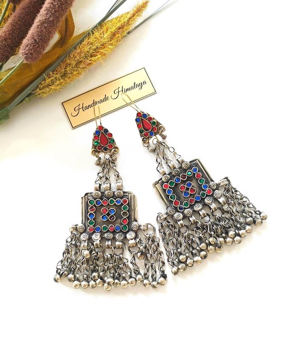 Vintage Afghan Kuchi Tassel Earrings | Colorful Glass Inlay Dangles | Oxidized Silver Festival Statement Jewelry