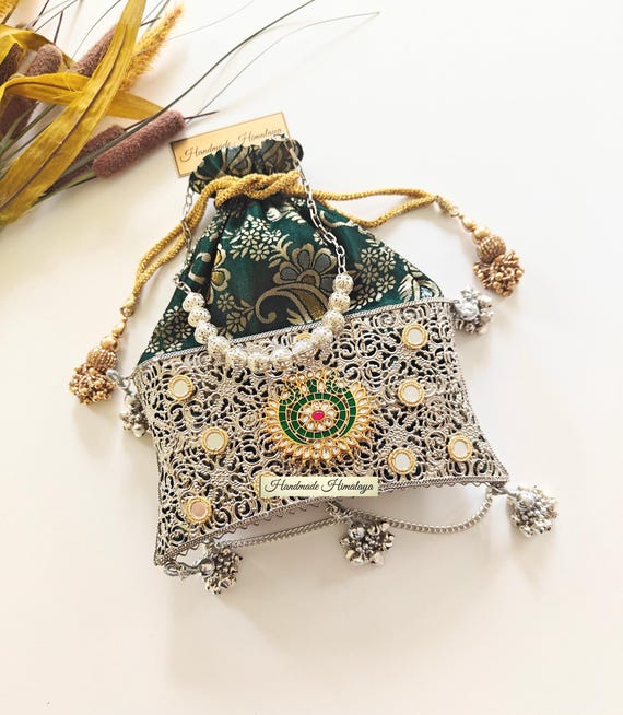 Silver Metal Potli Bag | Green Indian Wedding Purse