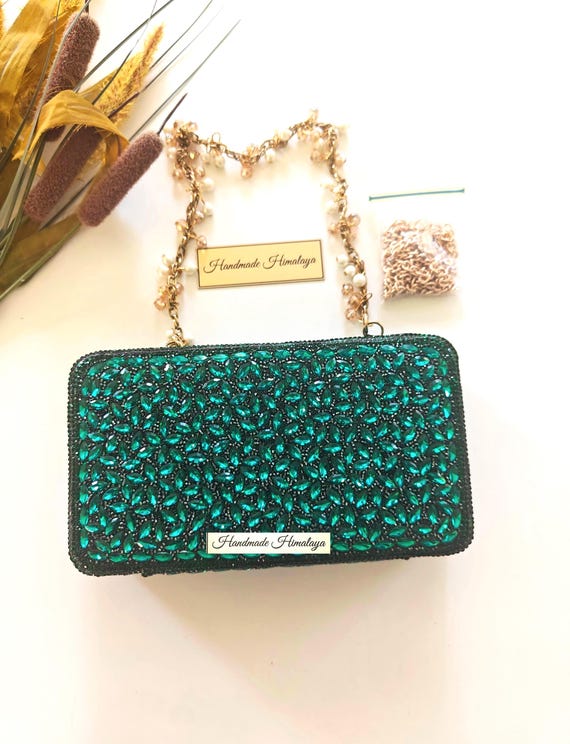 Emerald Green Crystal Bridal Clutch | Pearl Wedding Evening Purse