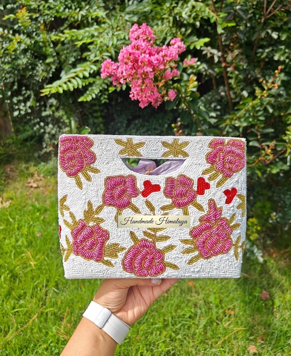 Beaded Clutch Purse | Pink Floral Bridal Wedding Embroidered Evening Purse