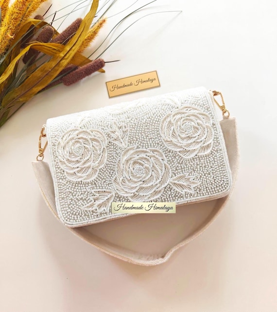 White Beaded Wedding Clutch | Ivory Flower Bridal Purse