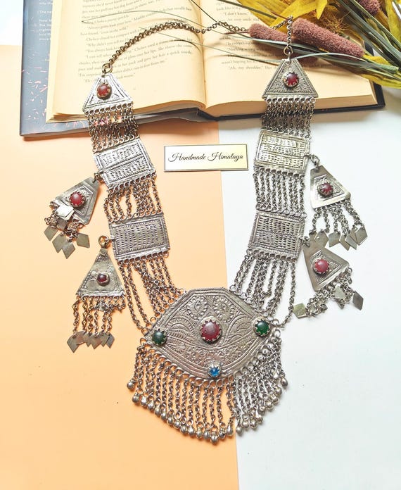 Vintage Kashmiri Necklace, Silver Tribal Necklace, Afghan Kuchi Choker with Chains, Ethnic Pendant Jewelry