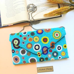 Bolso de mano con cuentas azules / Elegante bolso de noche estilo sobre, regalo para ella, bolso bandolera de verano, elegante accesorio de fiesta